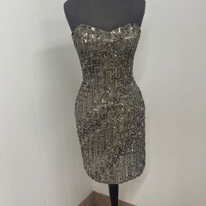 Shail K Strapless Beaded Sequin Silk Cocktail Dress Size 6 Taupe Gold NWT Formal